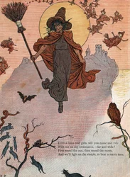 Une sorcière et son balai entourée de chats noirs, chauve-souris et hibou. (Petits garçons et filles, voulez-vous venir et monter avec moi sur mon balai ?) Illustration de Kate Greenaway (1846-1901) du livre de contes et comptines pour enfants "Under The W