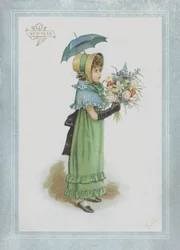 Fille en robe verte, tenant un parasol et un bouquet de fleurs