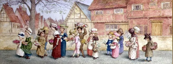 Procession de seize enfants portant des fleurs