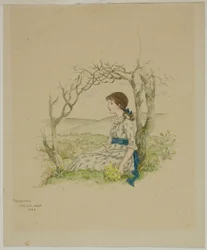 Fille assise avec des primevères