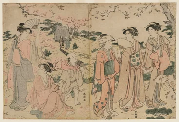 Femmes regardant les cerisiers en fleurs à Asukayama