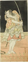 Les acteurs Nakamura Nakazô I dans le rôle de Danshichi Kurobei et Ichikawa Danjûrô V dans le rôle de Issun Tokubei dans "Mirror of Osaka in the Summer Festival" ("Natsu Matsuri Naniwa Kagami").