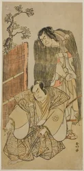 Les acteurs Nakamura Nakazo I dans le rôle de Kagekiyo habillé en mendiant (à droite), et Otani Hiroji III dans le rôle d