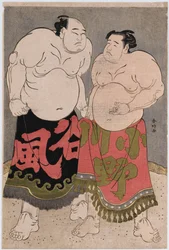 Portraits en pied des lutteurs Onogawa Kisaburo, à droite, et Tanizake Kajinosuke, à gauche