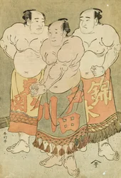 Portraits en Pied des Lutteurs Nishikigi, Todagawa et Iwagaseki se Présentant dans le Ring