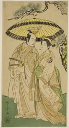 Les acteurs Arashi Hinaji I (à droite), et Ichikawa Komazo II (à gauche), en tant que Princesse Sakura (Sakura Hime) (?) et Shimizu Tonoinosuke (?), dans la pièce Soga Moyo Aigo no Wakamatsu (?), jouée au Théâtre Nakamura (?) au troisième mois, 1769 (?)