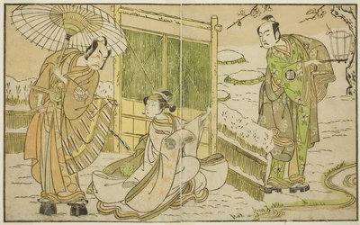 Les acteurs Arashi Sangoro II en Minamoto no Yoritomo (à droite), Segawa Kikunojo II en Yuki Onna (au centre), et Ichimura Uzaemon IX en Kajiwara Genta no Kagetoki, dans la pièce Myoto-giku Izu no Kisewata, jouée au théâtre Ichimura en novembre