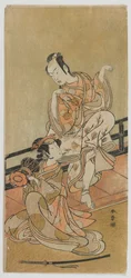 Les acteurs Arashi Sangoro II en Tadanobu et Segawa Kikunojo III en Shizuka Gozen dans la pièce Yoshitsune et les mille cerisiers, époque Edo