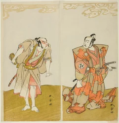 Les acteurs Bando Mitsugoro I comme Hata no Kawakatsu (à droite), et Otani Hiroemon III comme le valet (Yakko) Gansuke (à gauche), dans la pièce Miya-bashira Iwao no Butai, jouée au théâtre Morita à partir du quinzième jour de t