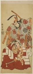 Les Acteurs Ichikawa Danjuro V comme Watanabe Kiou Takiguchi (en bas), et Nakamura Nakazo I comme Taira no Kiyomori (en haut), dans la scène "Shibaraku" de la pièce Nue no Mori Ichiyo no Mato (Forêt du Monstre Nue : Cible du Onzième Mois), jouée au