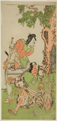 Les acteurs Ichikawa Danzo III comme I no Hayata Tadazumi (à droite), et Matsumoto Koshiro II comme Osada no Taro Kagemune déguisé en Yatsurugi Zaemon (à gauche), dans la pièce Nue no Mori Ichiyo no Mato, jouée au théâtre Nakamura en novembre 1770