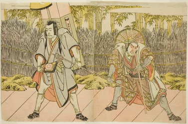Les acteurs Ichikawa Danzo IV en Arakawa Taro Takesada déguisé en porteur de palanquin Tarobei (à droite), et Ichikawa Danjuro V en Abe no Sadato déguisé en pèlerin Kuriyagawa Jirodayu (à gauche), dans la pièce Godai Genji Mitsugi no Furisode, jouée à