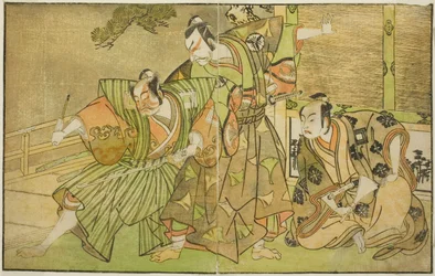 Les acteurs Ichikawa Komazo II comme Minamoto no Yorimasa (à droite), Matsumoto Koshiro II comme Osada no Taro Kagemune déguisé en Yatsurugi Zaemon (au centre), et Ichikawa Danzo III comme I no Hayata Tadazumi (à gauche), dans la pièce Nue no Mori Ichiyo n