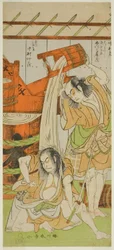Les acteurs Ichikawa Komazo II en tant que Satsuma Gengobei (à droite), et Nakamura Nakazo I en tant que Sasano Sangobei (à gauche)