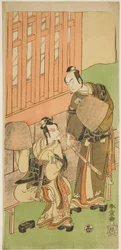 Les acteurs Ichikawa Komazo II comme Soga no Juro Sukenari (à droite), et Ichikawa Danjuro V comme Soga no Goro Tokimune (à gauche), en tenues de Komuso, dans la pièce Sakaicho Soga Nendaiki, jouée au théâtre Nakamura au premier mois, 1771