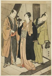 Les acteurs Ichikawa Monnosuke II (à gauche), Iwai Hanshiro IV (au centre), et Iwai Karumo (?) (à droite), sur un débarcadère en coulisses