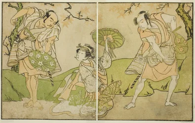 Les acteurs Ichikawa Somegoro (à droite), Segawa Kikunojo II (au centre) et Bando Sampachi (à gauche), dans des rôles non identifiés de la pièce Myoto-giku Izu no Kisewata, jouée au théâtre Ichimura en novembre 1770