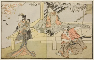 Les acteurs Ichikawa Yaozo II en Yoshimine no Munesada (à droite), Yoshizawa Sakinosuke III en Shizuya (au centre), et Nakamura Matsue I en Sakuragi (à gauche), dans la pièce Kuni no Hana Ono no Itsumoji, jouée au théâtre Nakamura en novembre 1771
