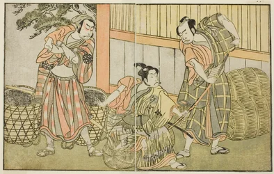 Les acteurs Kasaya Matakuro II comme Hagun Taro (à droite), Ichikawa Monnosuke II comme Izutsu no Suke Narihira (au centre), et Nakamura Nakazo I comme Kose no Kanaoka déguisé en Sogoro le charbonnier, dans la pièce Kuni no Hana Ono no Itsumoji, jouée au N