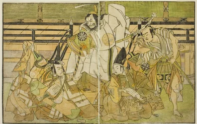 Les acteurs Nakamura Denkuro II comme Seno-o Taro, Ichikawa Komazo II comme Yorimasa, Nakamura Nakazo I comme Taira no Kiyomori, et Ichikawa Danjuro V comme Kiou Takiguchi (de droite à gauche), dans la pièce Nue no Mori Ichiyo no Mato, jouée au théâtre Nak