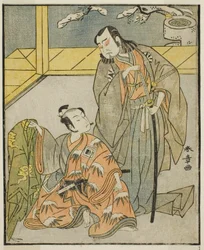 Les acteurs Nakamura Denkuro II dans le rôle de Suma no Dairyo (à droite), et Ichikawa Komazo II dans le rôle d