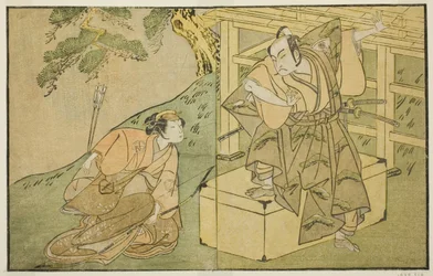 Les acteurs Onoe Matsusuke I en Akaboshi Taro (à droite), et Azuma Tozo II en Shirotae (à gauche), dans la pièce Kono Hana Yotsugi no Hachi no Ki, jouée au théâtre Ichimura en novembre 1771