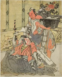 Les acteurs Otani Hiroemon III comme Shinagawa Okaminosuke (à droite), et Ichikawa Danjuro V comme Arashishi Otokonosuke (à gauche), dans la pièce Fuki Kaete Tsuki mo Yoshiwara