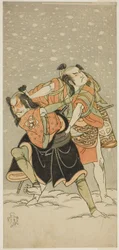 Les Acteurs Otani Hiroji III en Kameo (à droite), et Sakata Sajuro I en Ario (à gauche), dans la pièce Hime Komatsu Ne no Hi Asobi, jouée au Théâtre Ichimura en septembre 1768