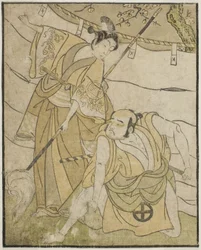 Les Acteurs Otani Tomoemon I comme Emohei (à droite), et Sanogawa Ichimatsu II comme Sanada Yoichi (à gauche), dans la pièce Myoto-giku Izu no Kisewata, jouée au théâtre Ichimura en novembre 1770