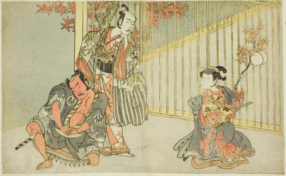 Les acteurs Yamashita Kinsaku II en Mutsuhana (à droite), Bando Mitsugoro I en Kashiwagi no Emon (au centre), et Nakamura Sukegoro II en Akamatsu Mushanosuke (à gauche), dans la pièce Fuki Kaete Tsuki mo Yoshiwara