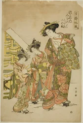 La courtisane Michinoku de la maison Tsutaya avec ses kamuro Midare et Shinobu, de la série "Kikkaku Hokufu"
