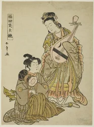 La déesse Benten tenant un biwa et un jeune homme tenant un tambour d