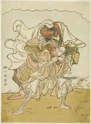 Le guerrier Omori Hikoshichi portant un démon femelle sur son dos