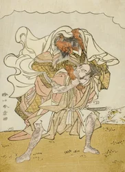 Le guerrier Omori Hikoshichi portant un démon femelle sur son dos, vers 1772