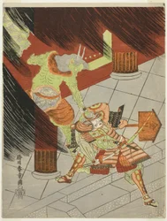 Le guerrier Watanabe no Tsuna combattant le démon à Rashomon