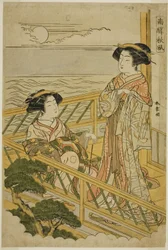 Deux courtisanes sur un balcon au clair de lune dans une maison de plaisir à Shinagawa, de la série "Nan