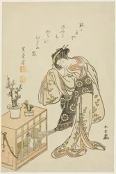 Jeune femme avec un singe en cage (impression de calendrier pour le Nouvel An 1776)