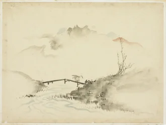 Paysage avec fermier traversant un pont