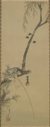 Un garçon pêchant sur une branche d