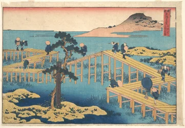 Vue ancienne de Yatsuhashi dans la province de Mikawa (Mikawa no Yatsuhashi no kozu), tirée de la série « Vues remarquables de ponts dans diverses provinces » (Shokoku meikyō kiran)