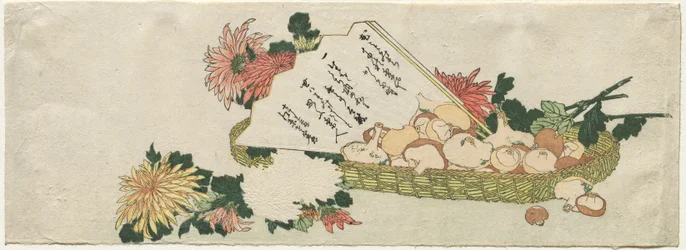 Panier avec éventail, chrysanthèmes et champignons, début des années 1800
