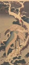 Grues sur une branche de pin enneigée, fin des années 1820