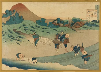 Jito Tenno (Travailleurs teignant des tissus), de Hyakunin Isshu ubaga Etoki (Les Cent Poèmes expliqués par la nourrice)
