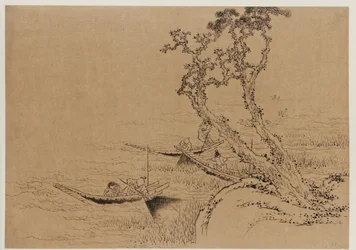 Paysage : figures pêchant depuis des bateaux