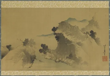 Paysage : montagnes, ruisseau et bateaux, période Edo