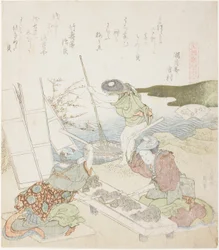 Recyclage du papier, illustration pour The Fulling-block Shell (Kinuta gai), de la série "A Matching Game with Genroku-period Poem Shells (Genroku kasen kai awase)"