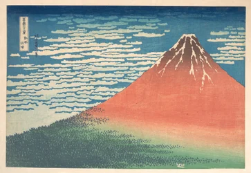 « Vent du sud, ciel dégagé » (Gaifū kaisei), également connu sous le nom de « Fuji rouge », tiré de la série « Les trente-six vues du mont Fuji » (Fugaku sanjūrokkei)