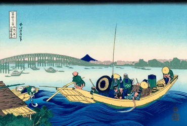 Coucher de soleil sur le pont de Ryogoku depuis la rive de la rivière Sumida à Onmayagashi, 1830-1833