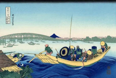 Coucher de Soleil sur le Pont Ryogoku depuis la rive de la rivière Sumida à Onmagayashi à Edo, c.1830