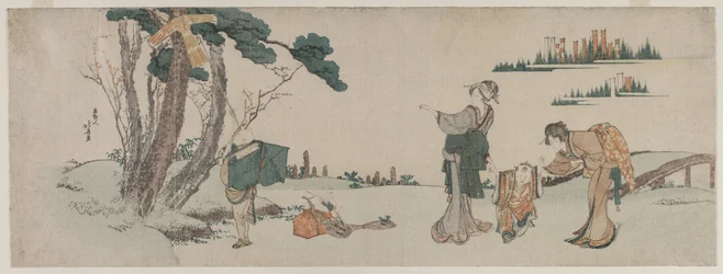 Femmes distrayant un enfant dont le cerf-volant est coincé dans un arbre, vers 1800